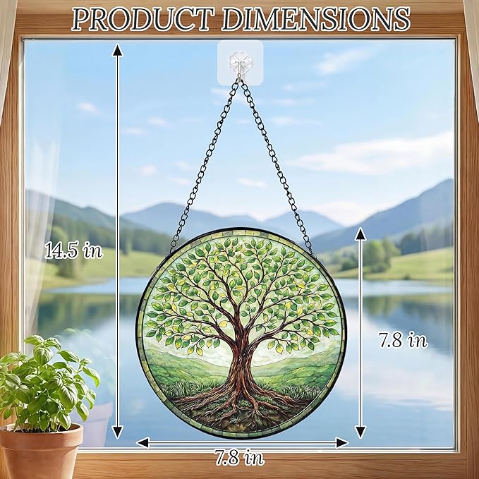 Sanwarm Stained Glass Window Hanging, Tree-of-Life Green Suncatcher Window Decor for Indoor Home Sun Catcher Ornament, Mother’s Day & Birthday Gift for Women, Men, Mom & Nana, 7.8 in