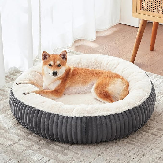 33 inches Donut Dog Bed for Medium Large Dogs,Calming Round Pet Bed with Removable Cover,Washable Milk Plush Faux Fur, Fits up to 50 lbs Pets(Charcoal,M Plus)