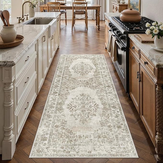 2x4 Runner Rug Beige Washable Hallway Kitchen Bedroom Vintage Distressed Bathroom Non Slip Medallion Floral Carpet Indoor Retro Throw Floor Mat for Office Dining Laundry Living Room
