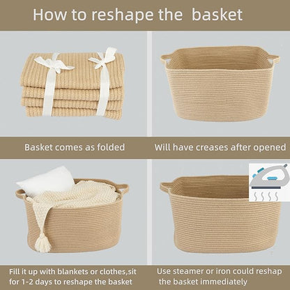 Large Rectangle Blankets Basket Living Room 22"x17"x12" Woven Jute Rope Storage Baskets for Nursery Toy Baskets for Kids and Dogs Wicker Laundry Basket Bin for Clothes Towels