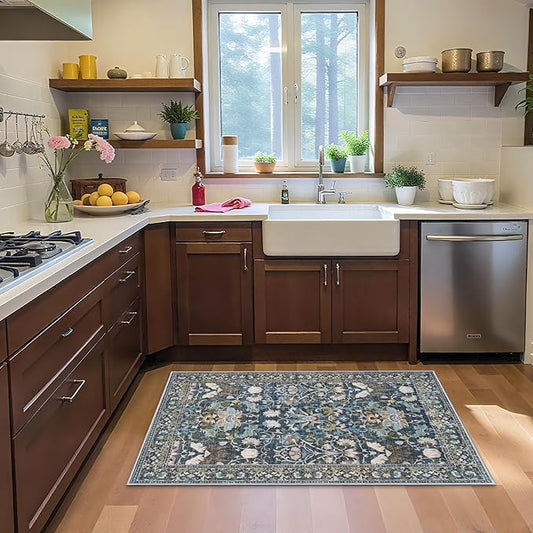 Washable 3x5 Entryway Area Rugs: Ultra Soft Low Pile Carpet for Kitchen Nursery Indoor Light-Weight Doormat Anti-Slip Thin Entry Rug for Living Room Bedroom Small Vintage Floor Mat(3x5,Floral/Blue)