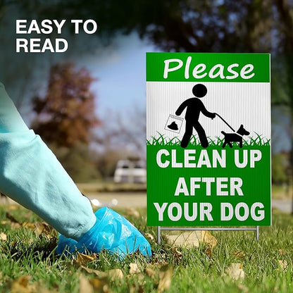 2-Pack Clean Up After Your Dog Signs, Double Sided 12x8 Coroplast Signs with H-Stakes, Outdoor Reminder for Yards, Apartments