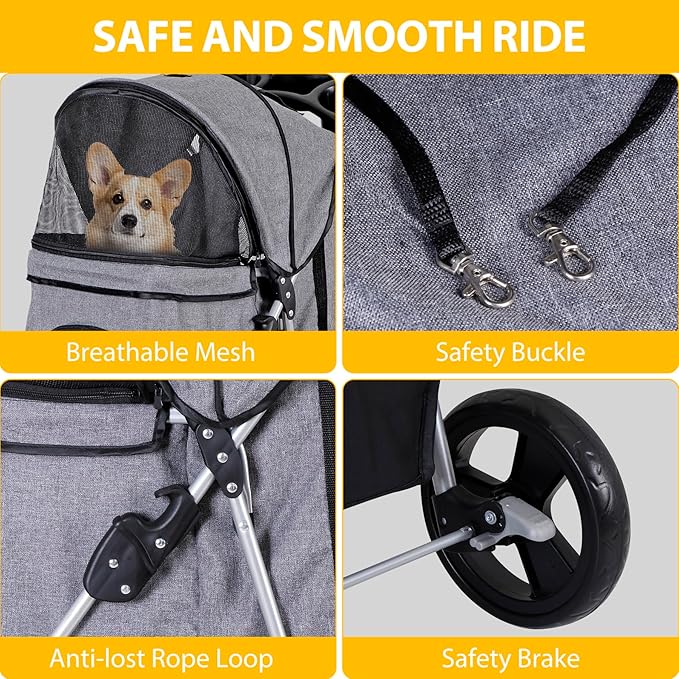 LEMY Pet Stroller, 4 Wheels Dog Cat Stroller with Storage Basket&Cup Holder,Grey Folding Dog Cat Cage Jogger Strollers for Small Medium Dogs Cats Travel
