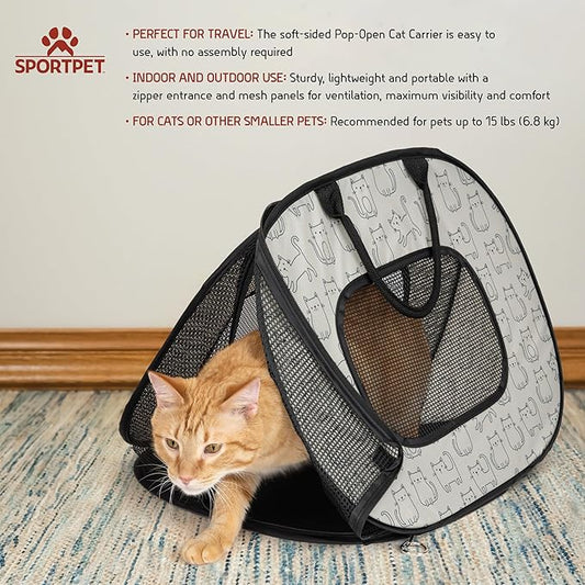 SportPet Designs Pop Open Cat Carrier, Soft-Sided Collapsible Travel Carrier for Cats up to 15 lbs, Lightweight Portable Design with Mesh Ventilation & Secure Zippers, Cat Print
