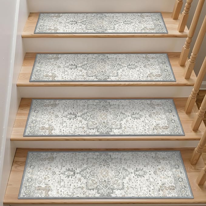 Non Slip Stair Treads for Wooden Steps 15PCS - 9"x28" Upgraded Wide-Short Indoor Safety Carpet, Upgraded Edging Mats with TPE Adhesive Backing, Pet and Elderly Friendly Stair Rugs (Taupe)