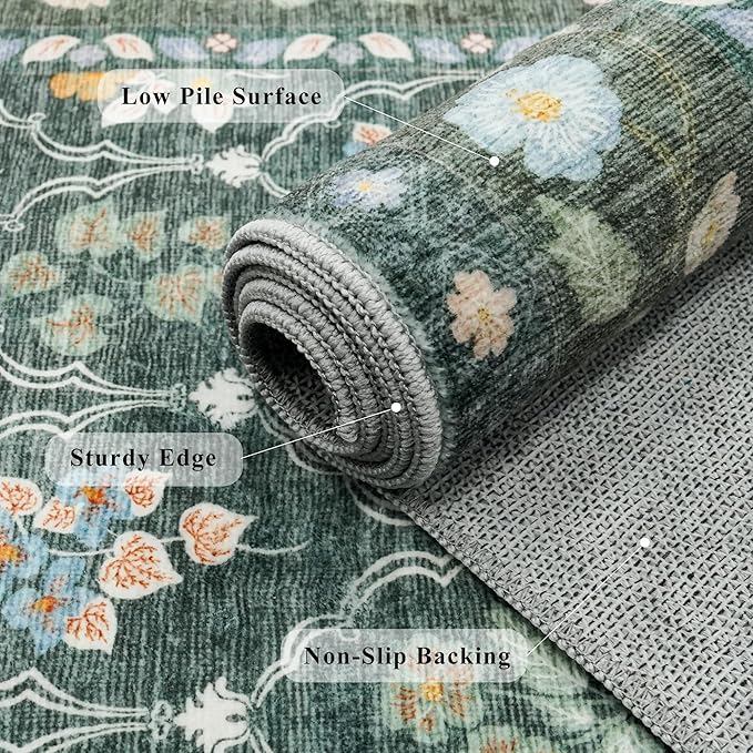 2.6x12 Kitchen Runner Rug Washable - Vintage Non Slip Hallway Rugs Low Pile Carpet for Bedroom Laundry Soft Indoor Floor Mat - Safe Durable Choice for Married Women with Kids & Pets 2’6x12 Green