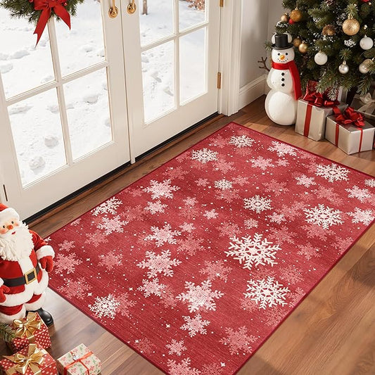 2x3 Christmas Doormat for Entryway, Washable Christmas Rugs Bathroom，Snowflake Front Porch Runner Rug，Non-Slip Red and White Christmas Decor Indoor(2'x3', Red/White)