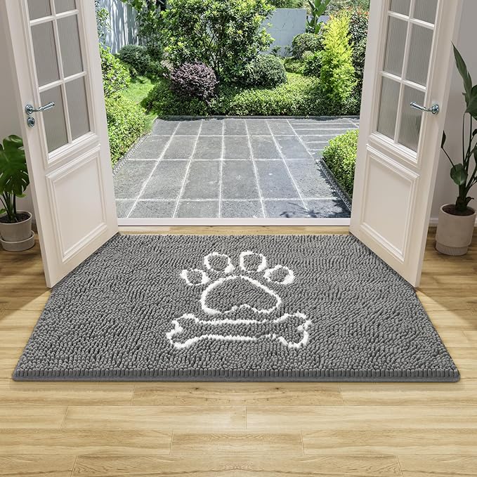 AROGAN Doormat Dog Chenille Doormats Indoor Entrance Grey, Pet Door Mats Washable for Mud Entry Busy Area Dogs Muddy Pawprints 36x24 Inch