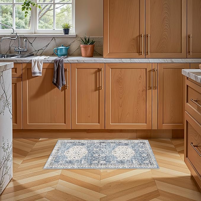 Kitchen Runner Rug 2x4 Washable : Indoor Vintage Non Slip Rugs for Entryway Hallway Bedroom Ultra-Thin Foldable Low Pile Carpet for Laundry Bathroom Home Decor Floor Mat 2'x4' Aqua Blue