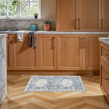 Kitchen Runner Rug 2x4 Washable : Indoor Vintage Non Slip Rugs for Entryway Hallway Bedroom Ultra-Thin Foldable Low Pile Carpet for Laundry Bathroom Home Decor Floor Mat 2'x4' Aqua Blue