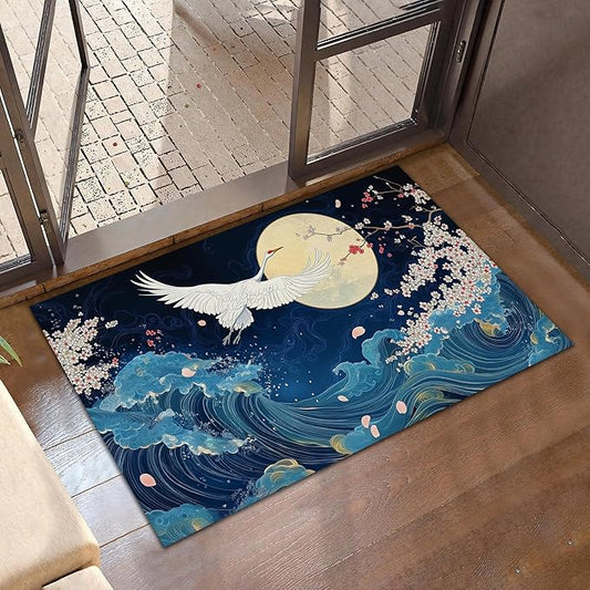 Indoor Rugs for Entryway,White Crane Welcome Mat for Home,Vintage Blue Sea Wave Low Profile Entrance Rugs Non-Slip Doormats for Back Door Patio, Porch,Home Stairway,30 x 17 Inch