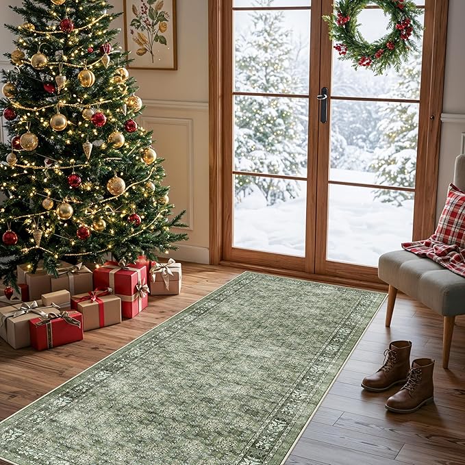 Washable 2x6 Runner Rug for Kitchen: Easy-Clean Carpet with Non-Slip Backing for Bedroom Entryway Stain-Resistant Shedding-Free Floor Mat – Perfect for High-Traffic Areas with Pets (Green,2x6)