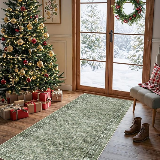 Washable 2x6 Runner Rug for Kitchen: Easy-Clean Carpet with Non-Slip Backing for Bedroom Entryway Stain-Resistant Shedding-Free Floor Mat – Perfect for High-Traffic Areas with Pets (Green,2x6)