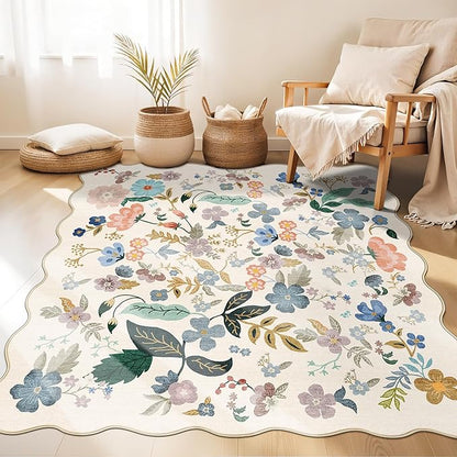 Washable 4x4 Square Area Rug: Floral Scalloped Soft Rugs for Living Room Bedroom Non Slip Bathroom Nursery Floor Mat Water Resistant Low Pile Carpet for Kitchen Entryway (4x4,Cream)