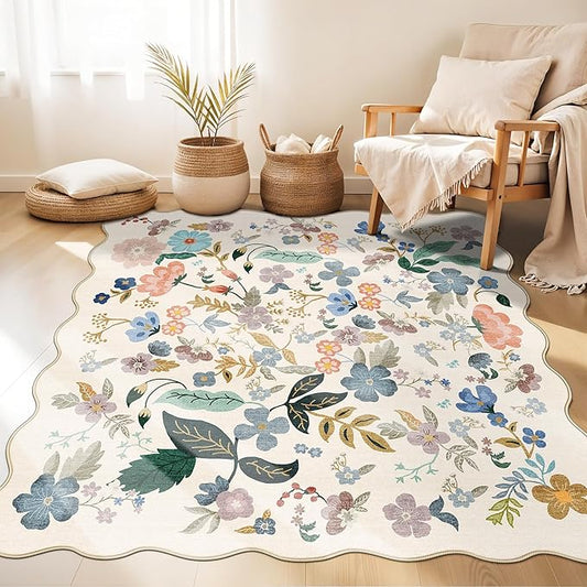 Washable 4x4 Square Area Rug: Floral Scalloped Soft Rugs for Living Room Bedroom Non Slip Bathroom Nursery Floor Mat Water Resistant Low Pile Carpet for Kitchen Entryway (4x4,Cream)