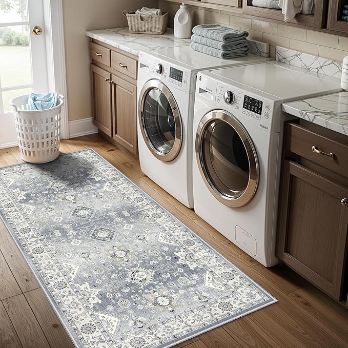 2x5 Washable Kitchen Area Rug: Oriental Stain Resistant Sink Stove Rug Farmhouse Soft Low-Pile Carpet for Entryway Bathroom Thin Laundry Room Living Room Floor Mat with Non Slip Backing (2x5,Grey)