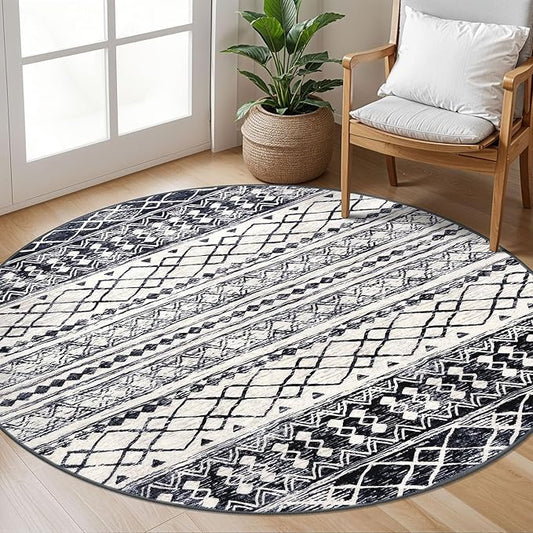 KUTA Washable Rugs Round 5Ft Black Navy Blue Boho Area Rug for Living Room, Moroccan Non-Slip Soft Geometric Circle Carpet for Bedroom Low-Pile Nursery Dorm Décor Throw