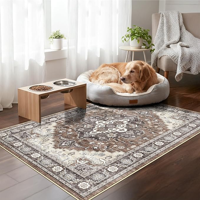 Washable Ktichen Area Rug 3x4: Indoor Runners for Bedroom Bathroom Non-Slip Soft Stain Resistan Carpet for Entryway Laundry Dining Room Vintage Home Decor for Small Living Room Nursery Room(3x4,Brown)