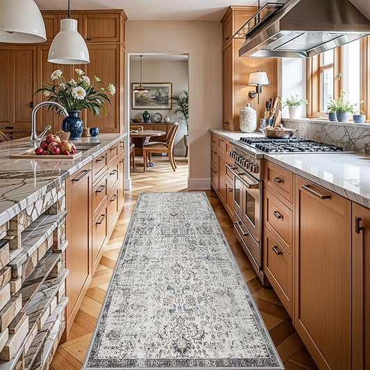 RUUGME Washable 4x8 Runner Rug - Wide Vintage Kitchen Rugs with Non Slip Backing Low Pile Stain Resistant Carpet for Hallway Nursery Distressed Home Decor Floor Mat for Bathroom Laundry 4'x8' Brown