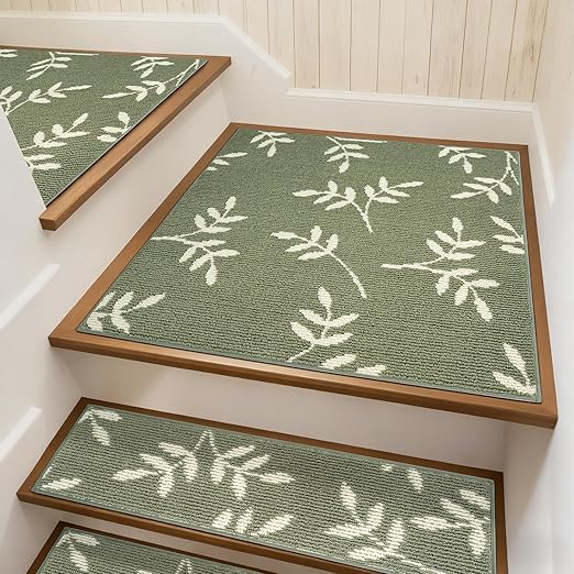 Carpet Stair Treads, Non-Slip Landing Mat for Wooden Steps Indoor, 30"x 30" Peel and Stick Soft Stair Rugs for Pets Non Skid Wood Staircase Step Treads Reusable, Green