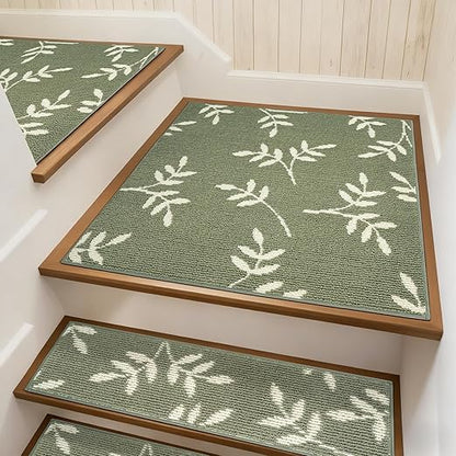 Carpet Stair Treads, Non-Slip Landing Mat for Wooden Steps Indoor, 30"x 30" Peel and Stick Soft Stair Rugs for Pets Non Skid Wood Staircase Step Treads Reusable, Green