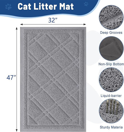 Smiry Cat Litter Box Mat 47x32, Non-Slip Water Resistant Litter Trapping Mat, Easy Clean Less Waste and Urine-Locking Cat Carpet for Indoor, Grey