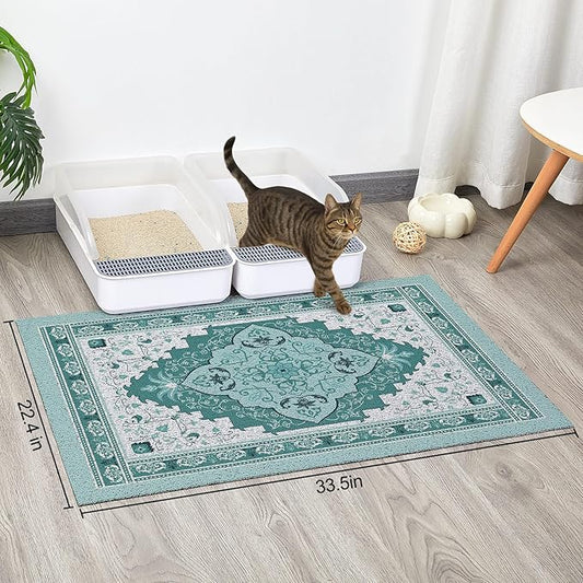 Glittme Cat Litter Mat with Non-Slip Bottom Litter Box Mat 33"X22" Litter Trapping Mat Easy to Clean Washable Cat Food Mat for Kitty,L
