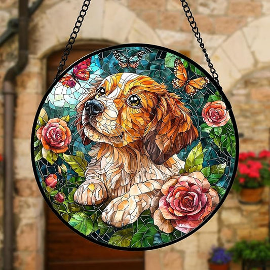 Stained Glass Window Hanging, Dog and Rose Suncatcher for Doors Home Butterfly Sun Catchers Decoration and Christmas, Mother's Day Birthday Gifts for Women, Men, and Mom 11.8x11.8 in