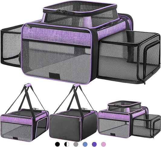 Top and 2 Sides Expandable Cat Carrier 18x13.5x9.5, TSA Airline Approved Dog Carriers for Small Dogs, Soft-Sided Pet Carrier with Self-Locking Zippers for Kitten,Rabbit, Puppy Purple