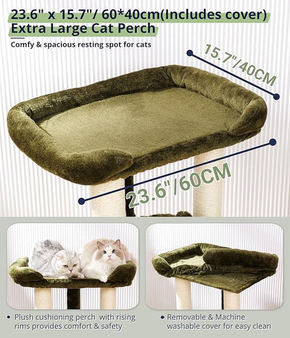 Happi N Pets 28" Cat Tree Tower, Tall Cat Scratching Post with Soft Perch for Window Viewing, Large Bed for Big Cats, Stable & Compact Cat Tower with Hammock, Removable Cover-Green