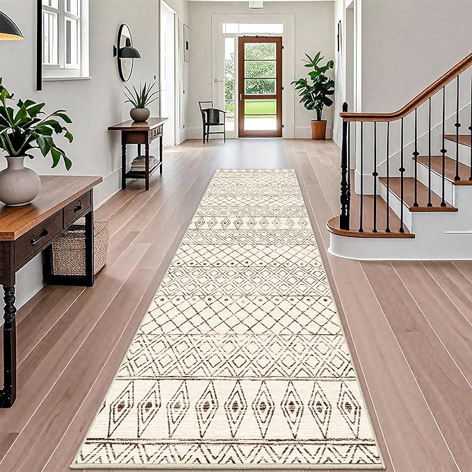 Washable 4x12 Runner Rug Hallway: Moroccan Non Slip Extra Long Rugs - Pets Friendly Runners Low Pile Soft Carpet for Kitchen Bedroom Entryway Laundry 4x12 Geo Beige
