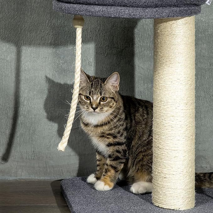 PawHut Floor to Ceiling Cat Tree, 5-Tier Cat Climbing Tower, 95''-106'' Height Adjustable with Carpeted Platforms, Cozy Bed, Hammock, Scratching Post & Toy Ball for Indoor Cats, Dark Gray and Cream