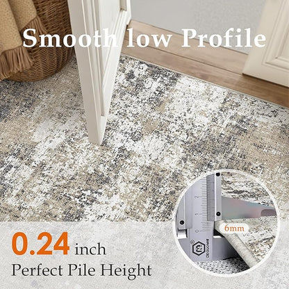 2x8 Abstract Runner Rug Brown Washable Modern Hallway Carpet Non Slip Ultra Soft Neutral Low Pile Contemporary Long Rug for Bathroom Laundry Kitchen Bedroom