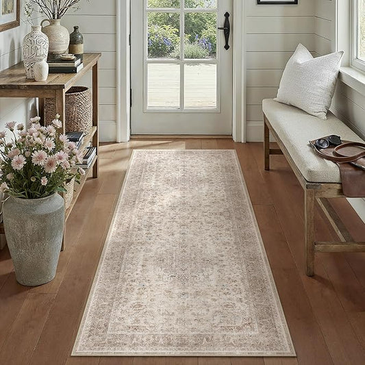 Beige 2x6 Runner Rug Washable Hallway Vintage Carpet Low Pile Non Slip Distressed Soft Traditional Retro Oriental Long Accent Throw Rug for Kitchen Bedroom Laundry Bathroom Dining Room