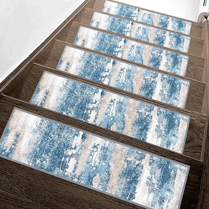 Carpet Stair Treads Non Slip 15PCS, 8" X 30" Edging Stair Runner for Wooden Steps Indoor, Resistant Stair Rugs with Reusable TPE Adhesive Backing, Residue Mat for Elders, Pets, Sapphire/Sand