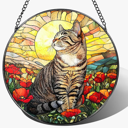 Stained Glass Window Hanging, 8 Inch Cat Stained Glass Ornament, Suncatchers for Windows Hanging, Suncatcher Decorations for Windows, Window Decor, Gifts for Cat Lovers