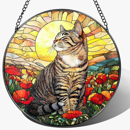 Stained Glass Window Hanging, 8 Inch Cat Stained Glass Ornament, Suncatchers for Windows Hanging, Suncatcher Decorations for Windows, Window Decor, Gifts for Cat Lovers