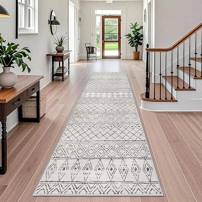 Washable 4x12 Rug for Hallway - Extra Long Runner Rug Moroccan Non Slip Pets Friendly Runner Low Pile Soft Indoor Floor Mat Front Door for Kitchen Bedroom Entryway Laundry 4x12 Geo Grey