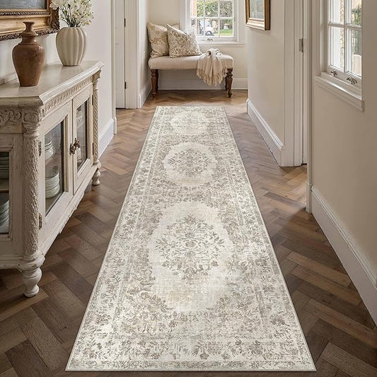 2'6"x12' Runner Rug Beige Washable Hallway Kitchen Bedroom Vintage Distressed Bathroom Non Slip Medallion Floral Carpet Indoor Retro Throw Floor Mat for Office Dining Laundry Living Room