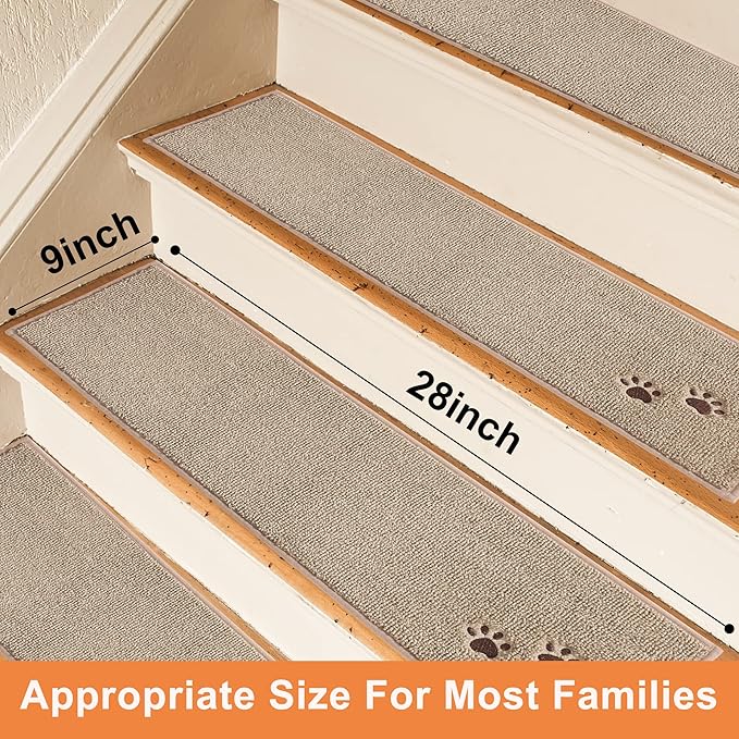BEQHAUSE Stair Treads for Wooden Steps 28inX9in, Non Slip Carpet Stair Treads Indoor Stair Runners Machine Washable, Soft Stair Rugs Mat Surface Polyester TPE Backing, 4pcs, Beige
