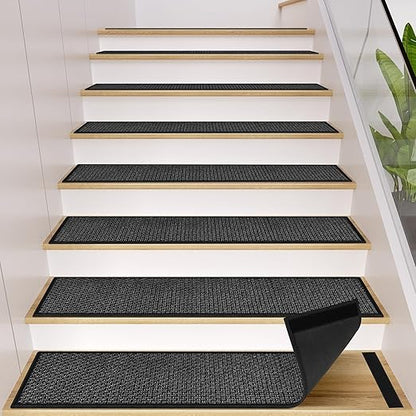 GOYLSER Peel and Stick Adhesive Stair Treads for Wooden Steps Indoor Set of 15 Pack, Rubber Backed Non Slip Jute Stair Rug Step Pads for Pet Dog, Elders and Kids, Black