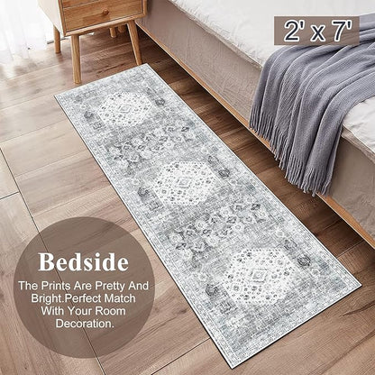 RUUGME 2x7 Washable Runner Rug - Vintage Hallway Rugs Non Slip Stain Resistant Rugs for Kitchen Living Room Bedroom Laundry Room Mat Distressed Rug Carpet Runner for Bathroom 2'x7' Grey