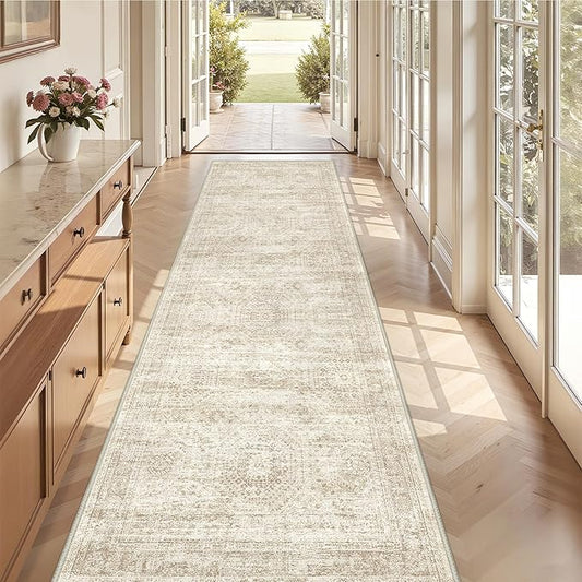 3x10 Runner Rug Non Slip Washable for Entryway, Vintage Hallway Runner for Front Porch, Laundry Room, Bedroom, Abstract Stain Resistant Thin Indoor Kitchen Mats for Floor(3'x10', Beige/Ivory)