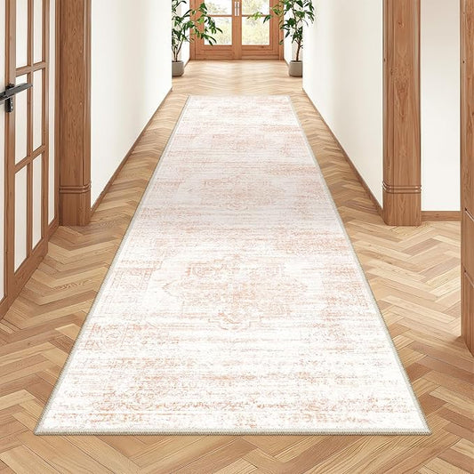 2x8 Runner Rug, Washable Runners for Hallways wirh Rubber Backing, Stain Resistant Kitchen Rug, Soft Thin Carpet Runner for Entrance, Bedroom, Living Room Indoor(2'x8', Pink/White)