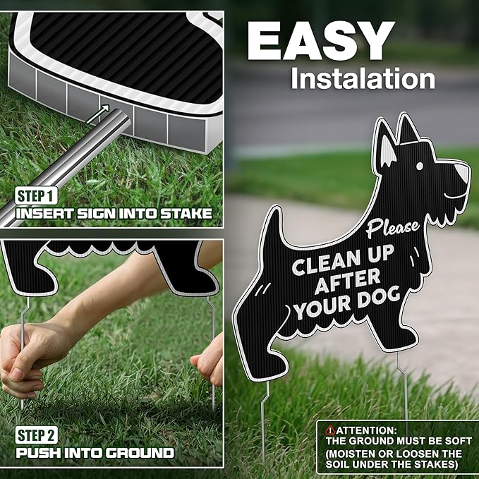 Clean Up After Your Dog Signs with Stakes, 11 x 10 Inch Black Dog Shaped Double Sided No Pooping Signs for Yards for Yard, Weather-Resistant Corrugated Plastic Lawn Sign