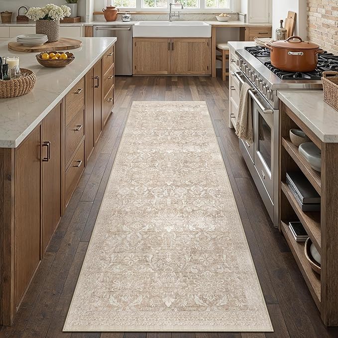 2x8 Runner Rug Washable Beige Vintage Hallway Kitchen Carpet Indoor Non Slip Small Low Plie Thin Bedroom Bathroom Rug Retro Accent Throw Dining Living Room