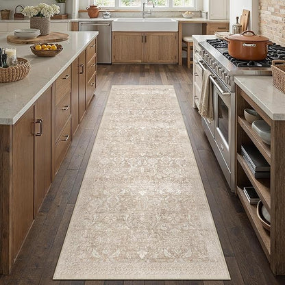 2x8 Runner Rug Washable Beige Vintage Hallway Kitchen Carpet Indoor Non Slip Small Low Plie Thin Bedroom Bathroom Rug Retro Accent Throw Dining Living Room