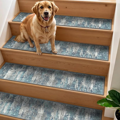 Non Slip Stair Treads for Wooden Steps 15PCS - 8"x30" Indoor Safety Carpet, Edging Mats with TPE Adhesive Backing, Pet and Elderly Friendly Stair Rugs (Blue&Grey)