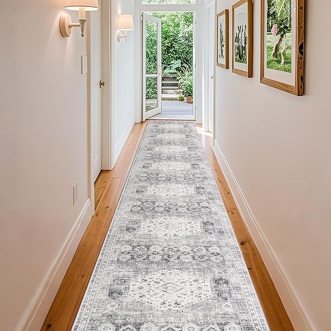 Washable 3x25 Hallway Runner Rug - Extra Long Vintage Non Slip Stain Resistant Rugs for Entryway Hall Kitchen Indoor Soft Living Room Bedroom Carpet Durable Low Pile Home Decor Floor Mat 3'x25' Grey