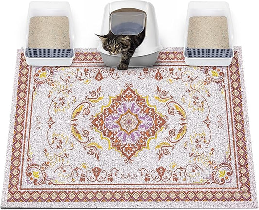 Glittme Cat Litter Mat with Non-Slip Bottom Litter Box Mat 47"X35" Litter Trapping Mat Easy to Clean Washable Cat Food Mat for Kitty,XXL